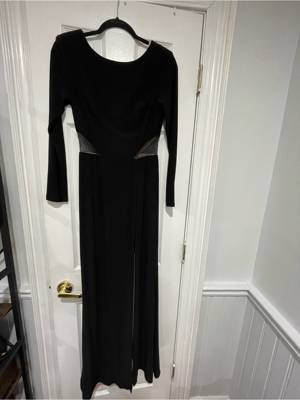 Xscape Black Long Sleeve Evening Gown with Side Mesh Insets